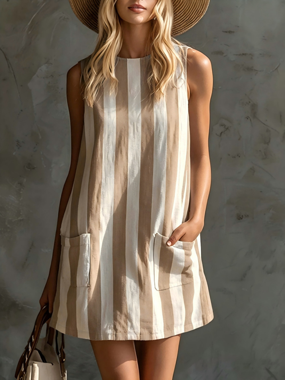 Women's Beige Vertical Stripe Sleeveless Pocket Shift Mini Dress